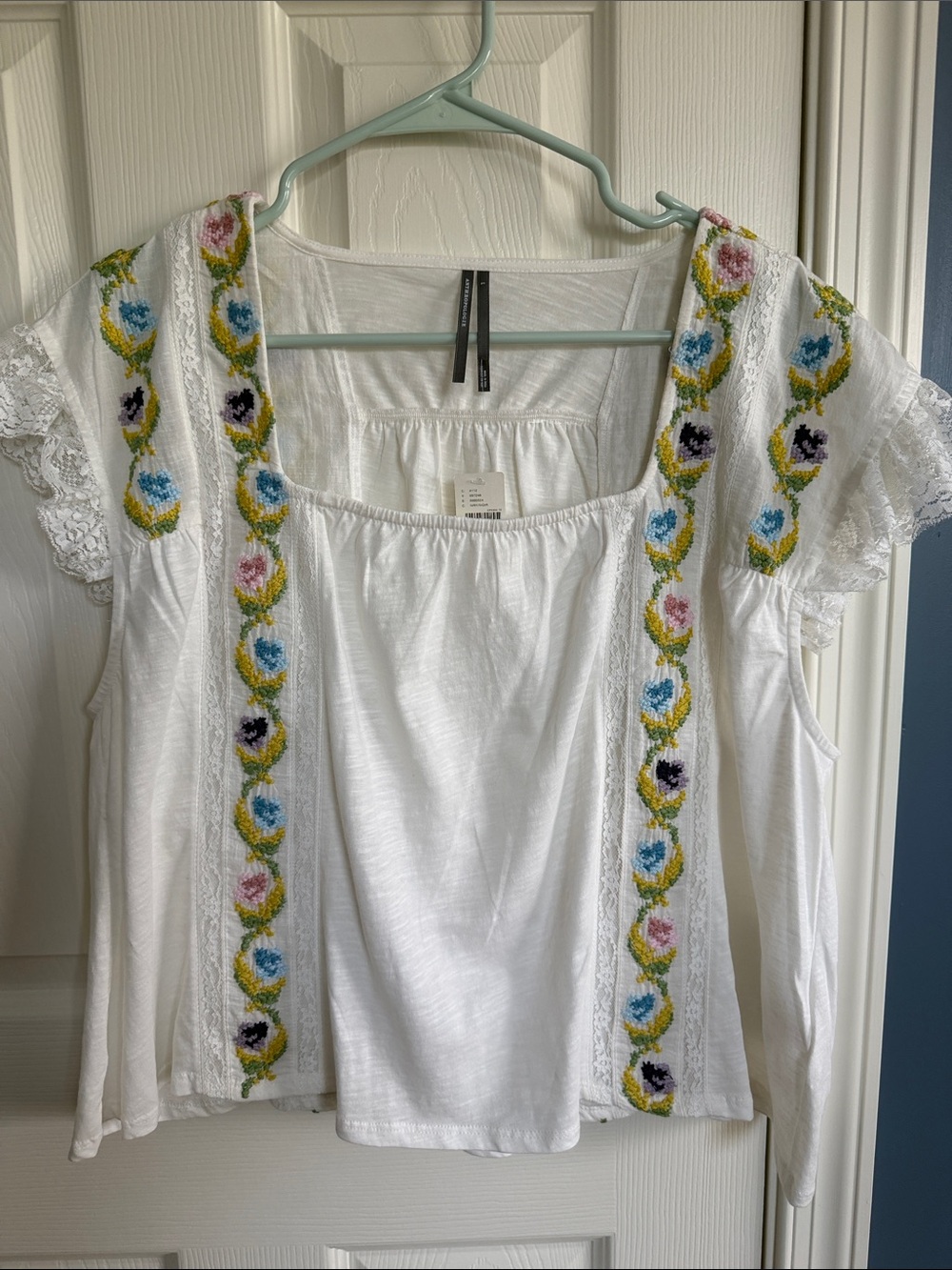 Anthropologie White Embroidered Square-Neck Peasant Top